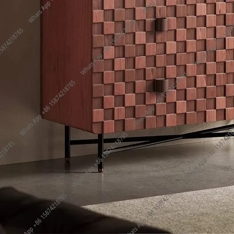 I HEk Medieval Log Color Solid Wood Splicing Square Plaid Side Cabinet Retro Silent Wind Nordic Side Cabinet Locker S