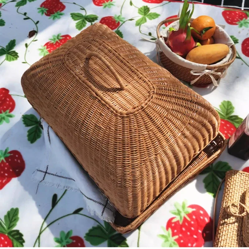 Retro Imitation Rattan Meal Cover Square Dining Table Cover Food Fly-Proof Covers Hotel Snack Plate with Lid Breakfast Freshness