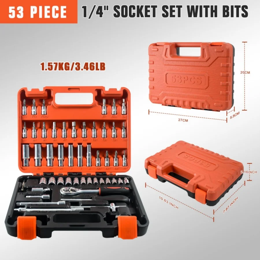 53 Pieces Socket Wrench Set Drive Socket Set tool repair, car tool box, multi-functional set Comes with Storage Case