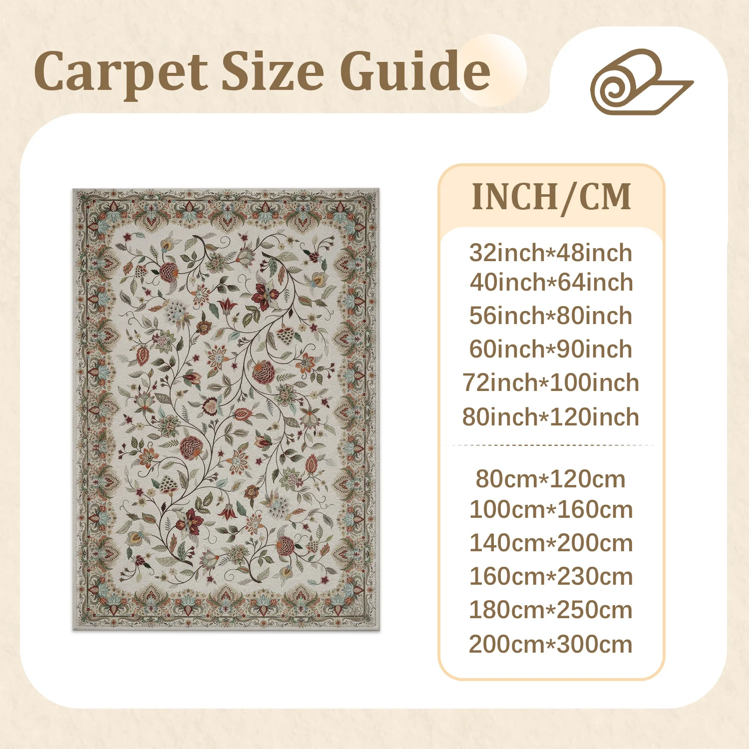 Large Indoor Area Rug, Soft Velvet Low Pile with Non-Slip Dotted Backing, Machine Washable Vintage Botanical Floral Vine Rug, Cream Base Warm Muted Tones for Living Room, Bedroom Home Decor