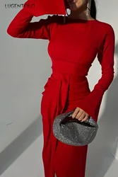 Women Sexy Party Slim Top Red Skirt Sets Long Sleeve Round Neck T Shirt Lady Elegant Split High Waist Banquet Skirts Set