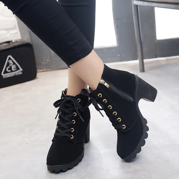 2021 fashion women's ankle boots high heels thick-soled flocking buckle boots women's shoes women Lace-up boots for women