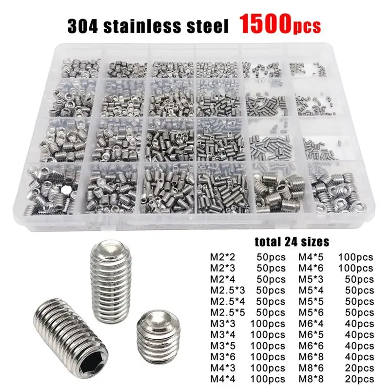 HOT-Stainless Steel Black Hex Hexagon Socket Allen Cup Point Grub Bolt Set Screw Kit Box 1500 M2 M2.5 M3 M5 M6 M8 DIN916