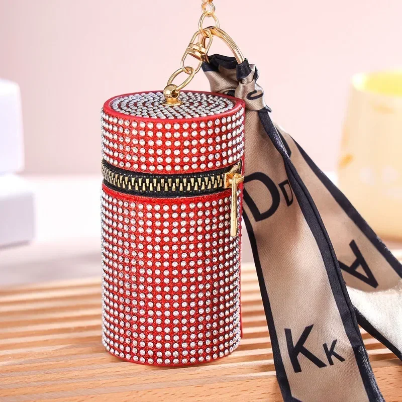 New Cylindrical Stylish Mini Rhinestone PU Lipstick Bag with Silk Scarf Keychain Women Portable Zipper Coin Purse Coin Bag