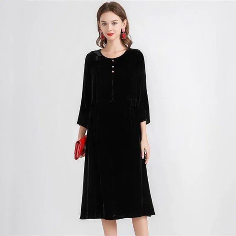 女性用七分袖ベロアパーティードレス、Oネックボタン付きプリーツフリルベルベットドレス、春秋ヴィンテージパーティードレス