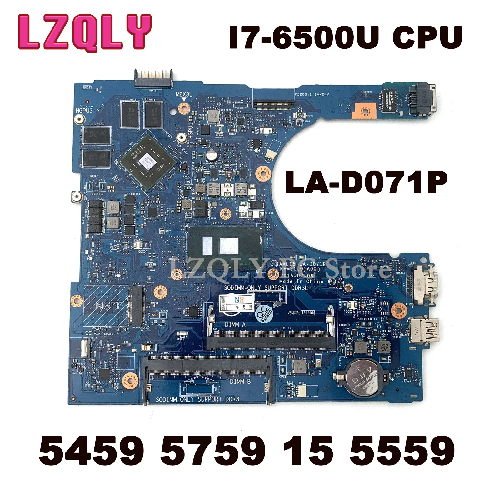 LZQLY For DELL Inspiron 5459 5759 15 5559 AAL15 LA-D071P For CN-0F1J0W 0F1J0W Laptop Motherboard With R5 M335 GPU I7-6500U CPU