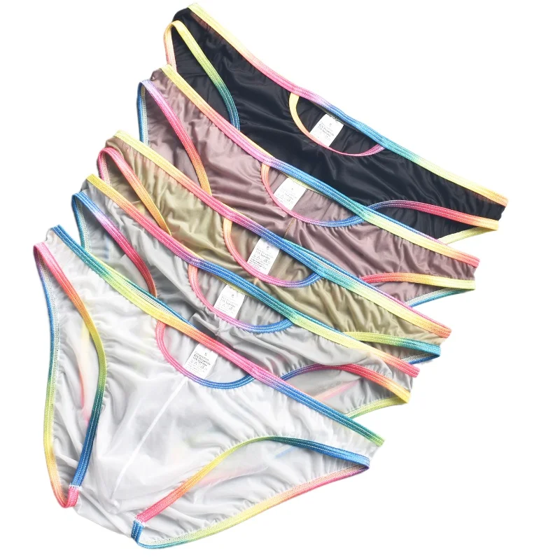 Men's Briefs Rainbow Strip Soft High Elastic Ultra-Thin Ice Silk See-Through Underwear U Convex Pouch Lingerie Underpants