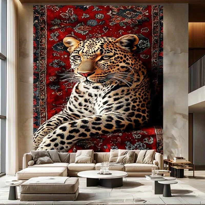 Luxury Leopard on Persian Rug Tapestry, Majestic Big Cat on Vintage Carpet Wall Hanging, Boho Room Decor suitable offices bars