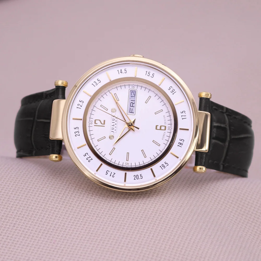 Auto Day and Date Julius Men's Watch Homme Fashion Japan Quartz Hours Classic Genuine Leather Strap Boy Birthday Father Gift Box