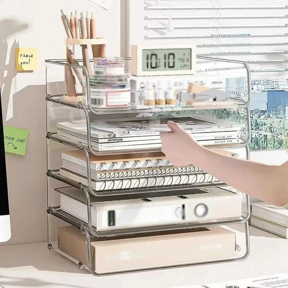 Transparent Desktop File Tray Stackable Large Capacity Stationery Book Storage Rack A4 Document Paper Organizer Home Office