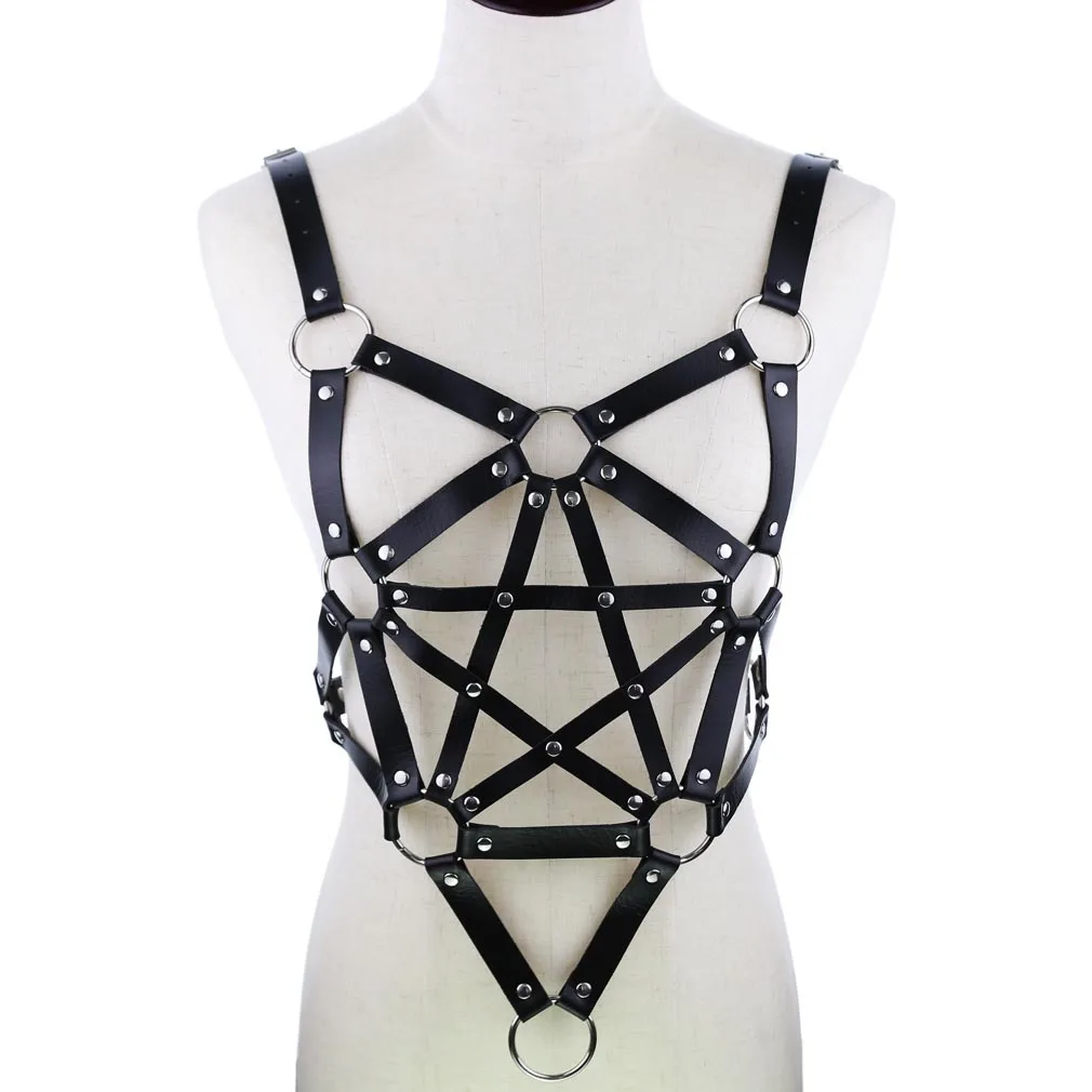 

EagleKu Goth Punk Leather Bra Harness Metal Chain Crop Tops Hollow Out Party Cosplay Clothing Halloween Adjust Straps Bra Women