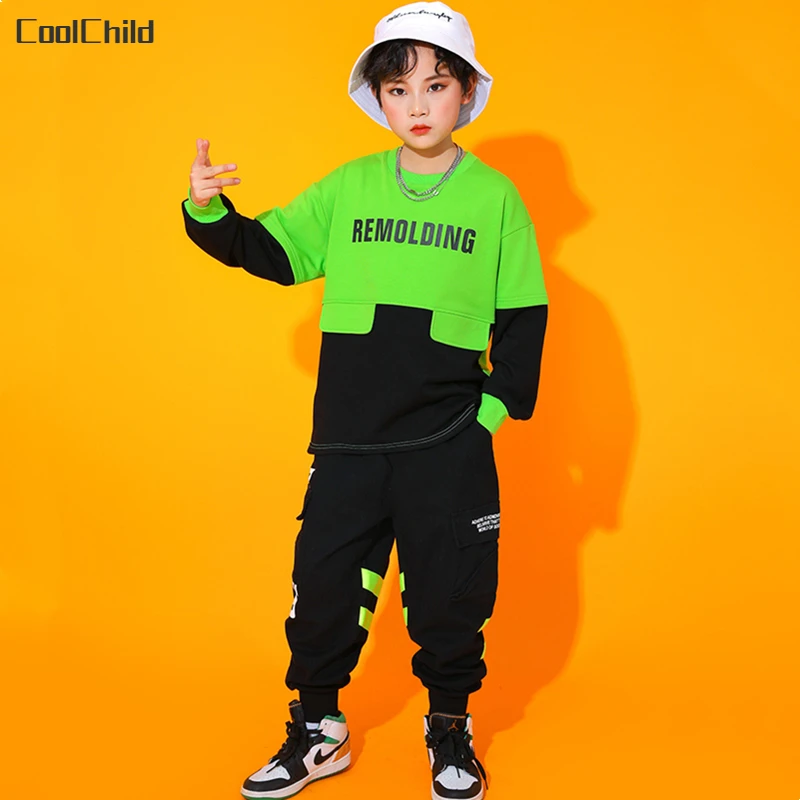 

Boys Hip Hop Contrast Sweatshirt Joggers Girls Street Dance Wear Cargo Pants Kids Jazz Clothes Sets Child Streetwear Costumes