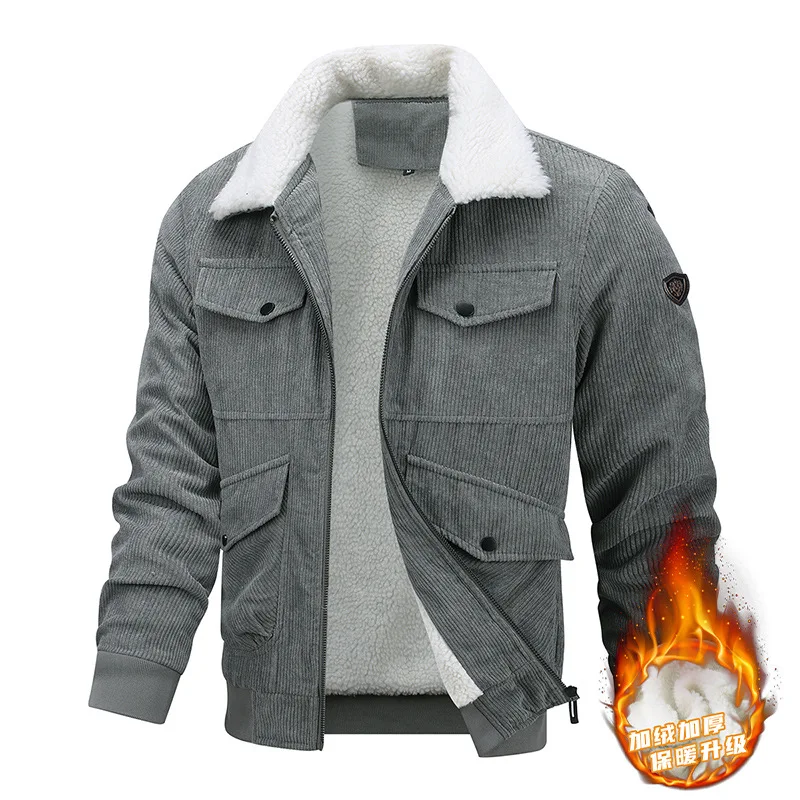 Men's Corduroy Jacket Thickened Flocking Winter Coat Business Casual Style Button Closure Cotton Wool Blend Youth Suitable