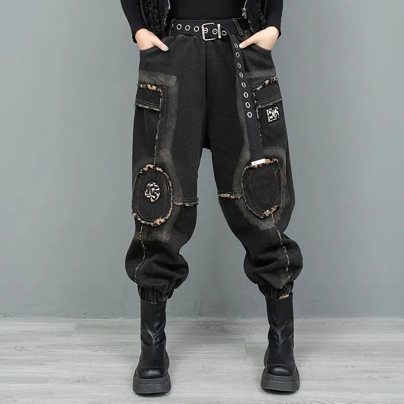 Personalized Trendy Vintage Patchwork Thick Cropped Pants Women Winter Black Denim Jeans LX2648