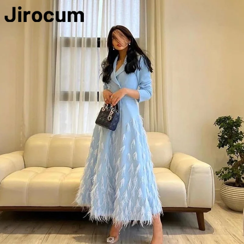 

Jirocum Sky Blue V Neck Prom Gowns Women's A Line Button Party Evening Gown Ankle Long Feather Saudi 2024 Formal Occasion Dress