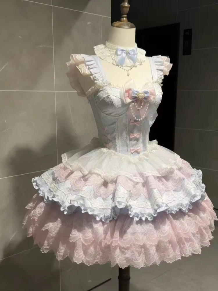 

High-end Designer Sweet Japanese Patchwork Lace Slim Lolita Dress Women's Summer 2026 New Cute Kawaii Slip A-line Cake Dresses