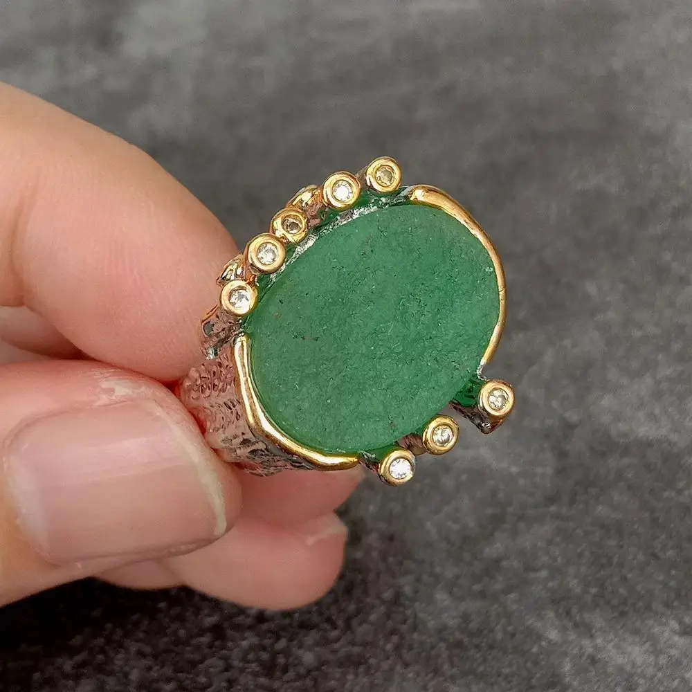 KKGEM CZ Pave 18x20mm Natural Green Fluorite Rough Real Stone Ring Gold Plated Adjustable Rings 4