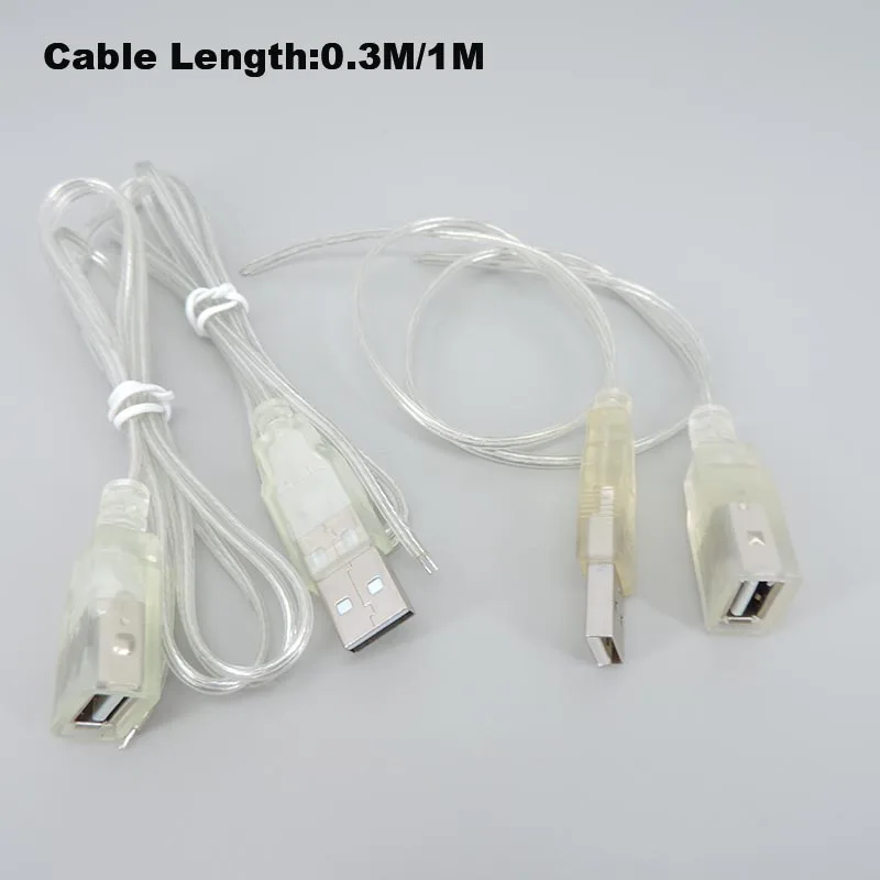 0.3m 5V USB 2.0 Power Supply Cable 2Pin Type A Male Plug/Female Jack Wire Charger transparent Cord Extension Connector 26awg