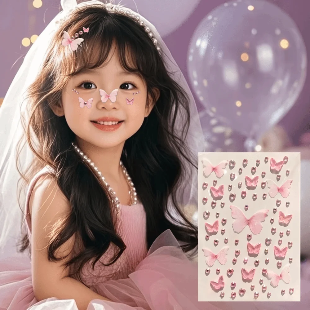 Self-adhesive Butterfly Face Stickers Rhinestone Resin Butterfly Decals Elf Butterfly Pink Green Rhinestone Stickers Children's