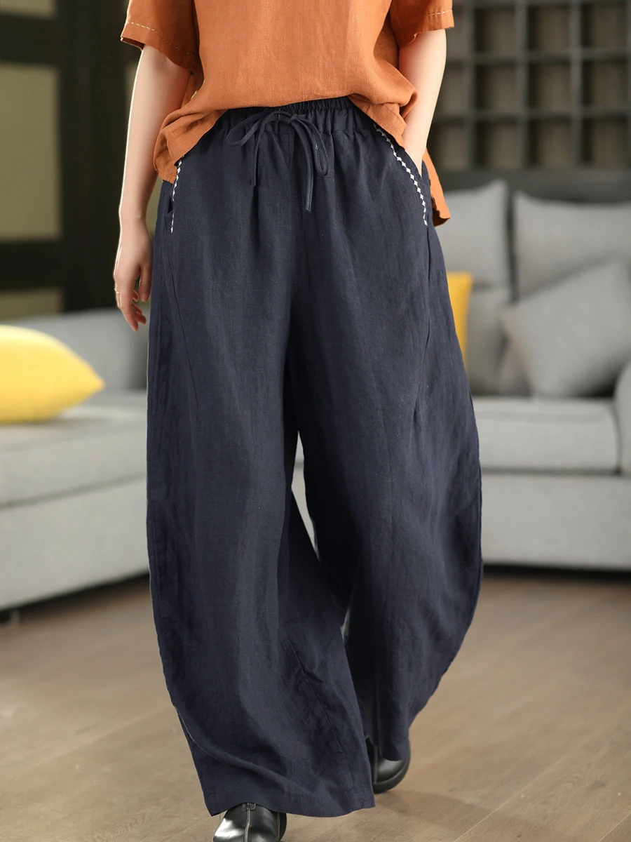 

Retro Embroidered 100% Linen Knife Pants Women's Belted Elastic Waist Slimming Floor Length Casual Trousers