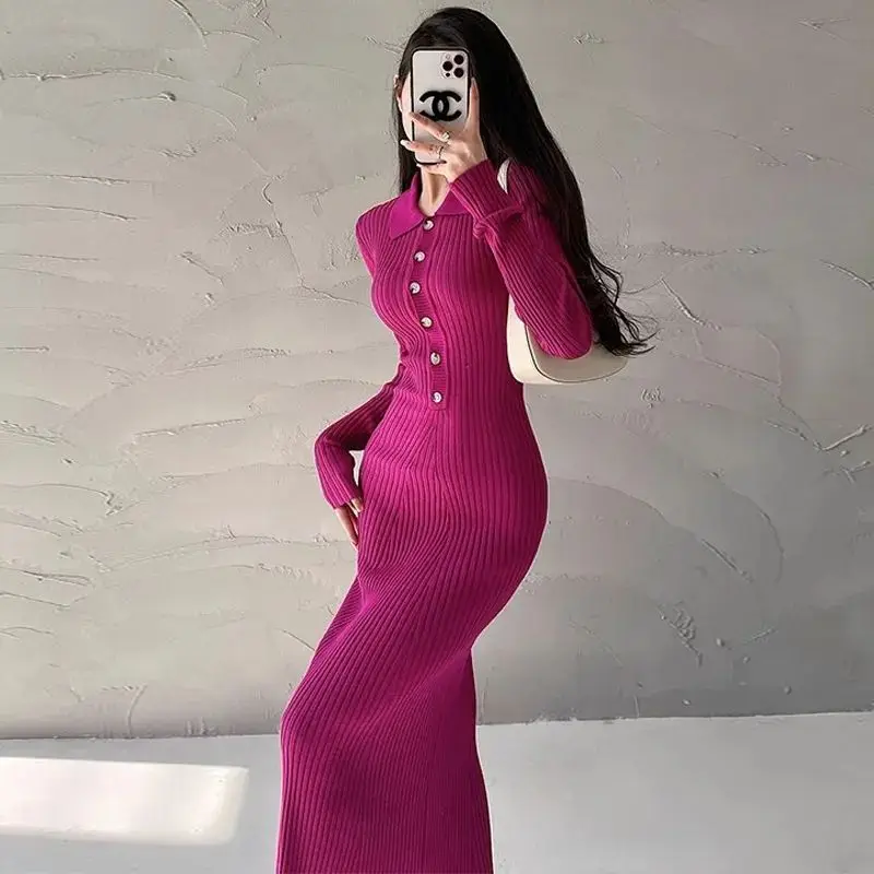 YoungGirlDay Pure Desire Style Sexy Slimming Slimming Flip Collar Long Sleeve Knitted Butt Wrapping Fish Tail Dress Long Skirt