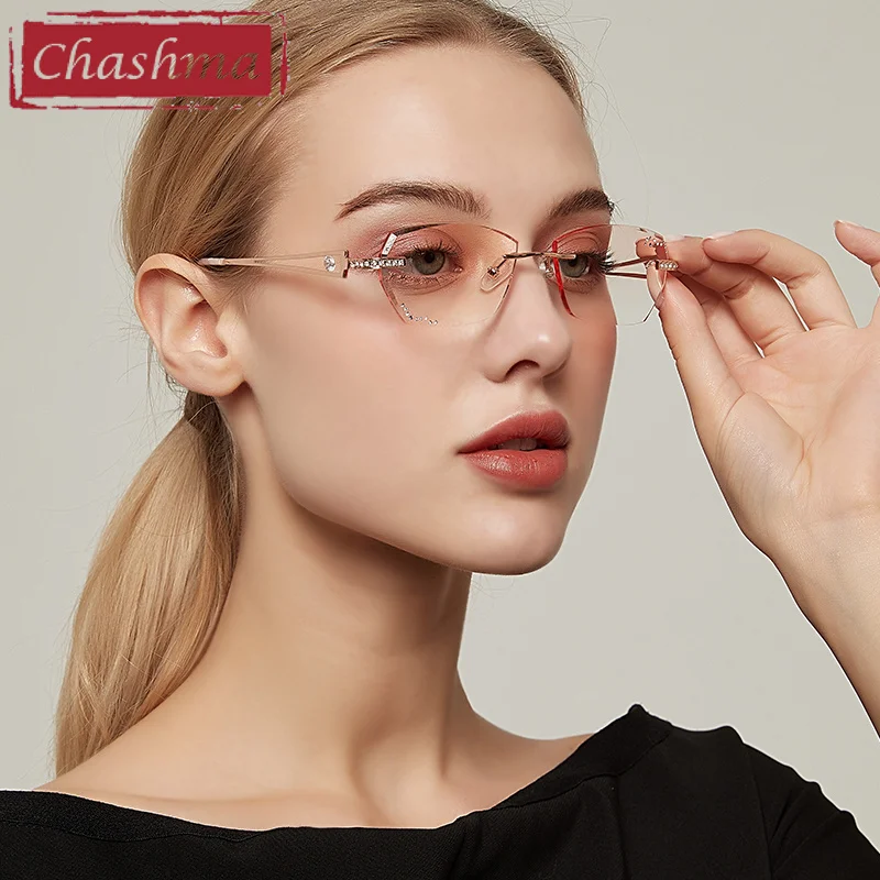 Chashma Rimless Light Frame Diamond Stones Trend Eyeglasses Titanium Lady Elegant Glasses Anti Reflective Spectacles for Women