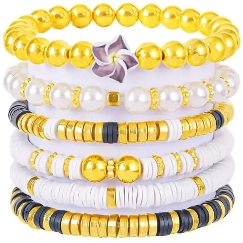 6PCS Clay Bead Bracelets for Teens Girls Preppy Cute Bracelets  Set Colorful Evil Eye Polymer Pearl Beaded Stretch Bracelets