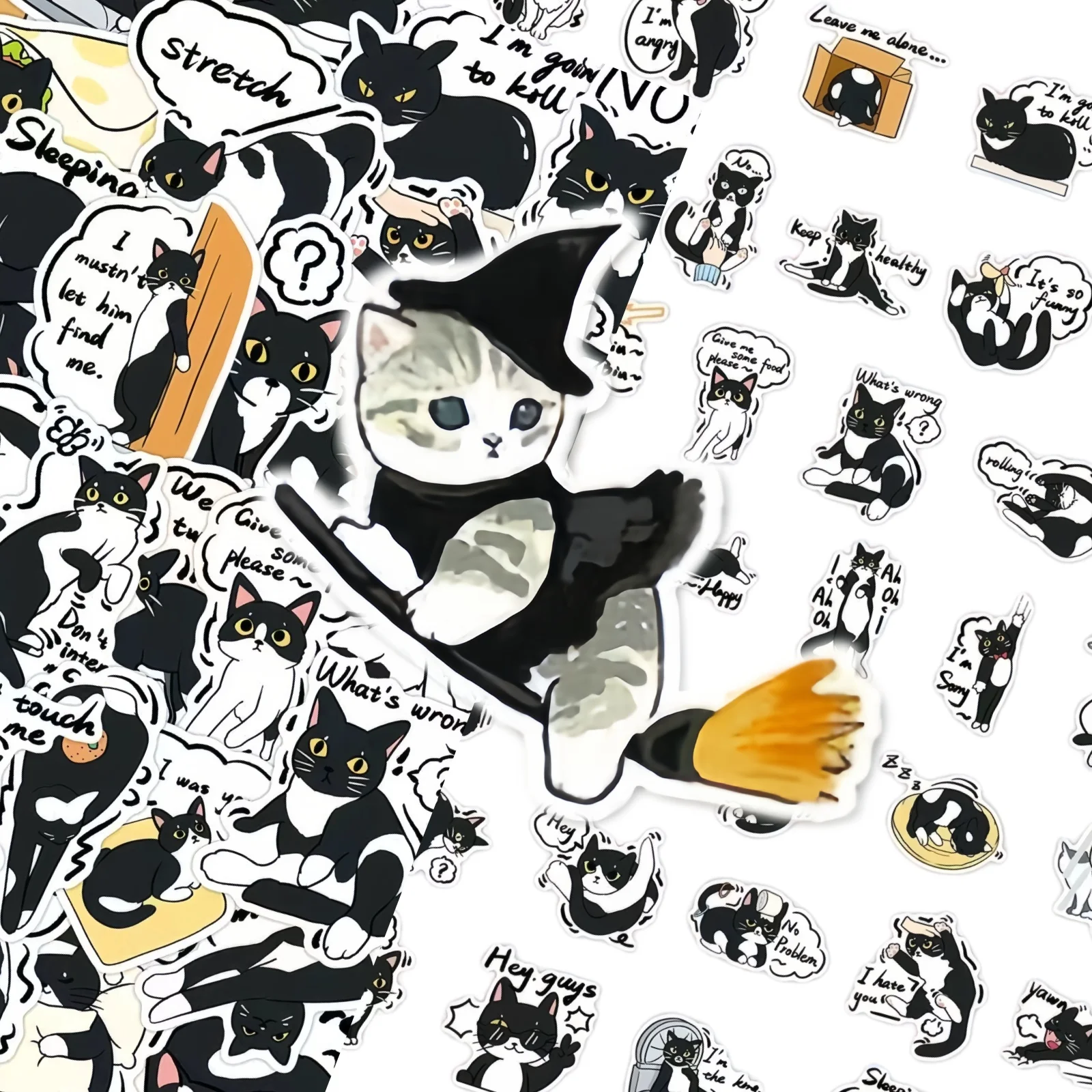 100Pcs No Repeat Funny Black White Cat Meme Stickers Waterproof Vinyl Decals for Laptop Water Bottle Luggage Journal DIY Decor