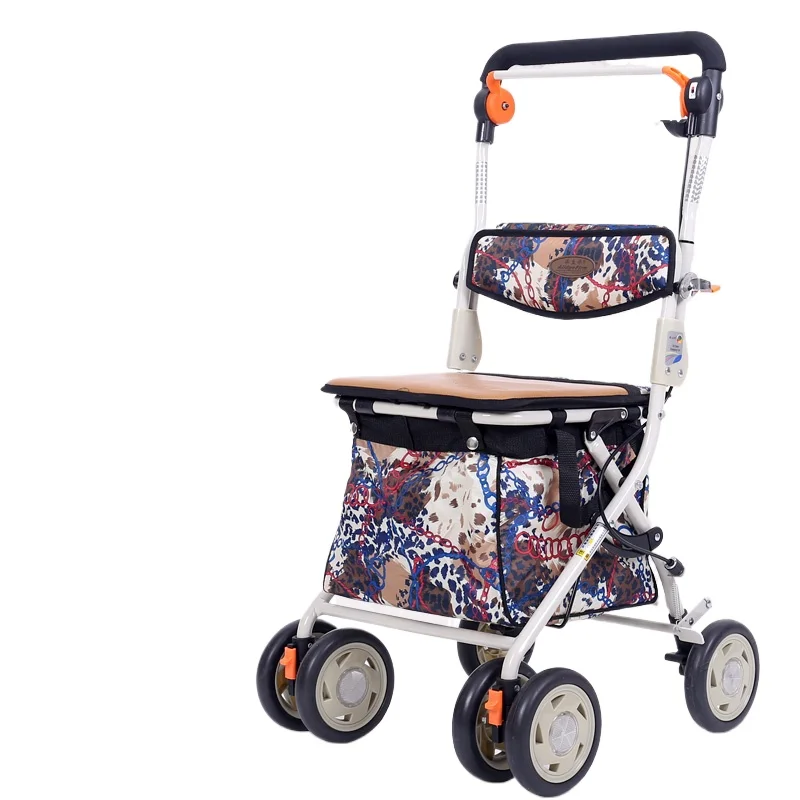 Elderly shopping cart handcart grocery shopping transportation assistance portable four-wheel cart foldable and easy to sit on