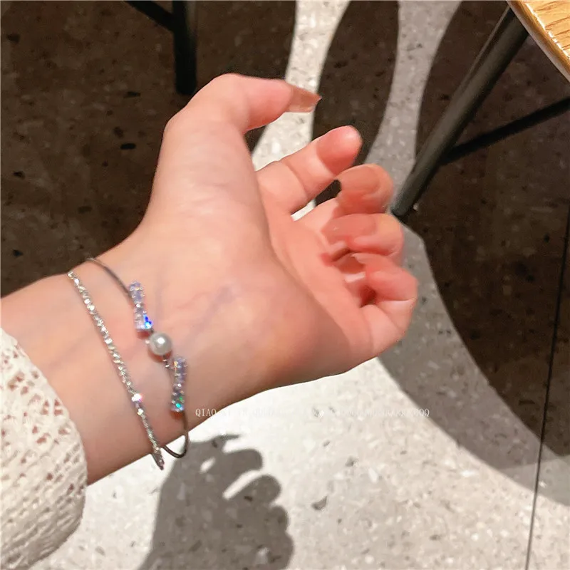 

CC Exquisite Cuff Bracelet Girls Gift Imitation Pearl White Zirconia Silver Color Open Bangle Double Layer Fashion Jewelry J570