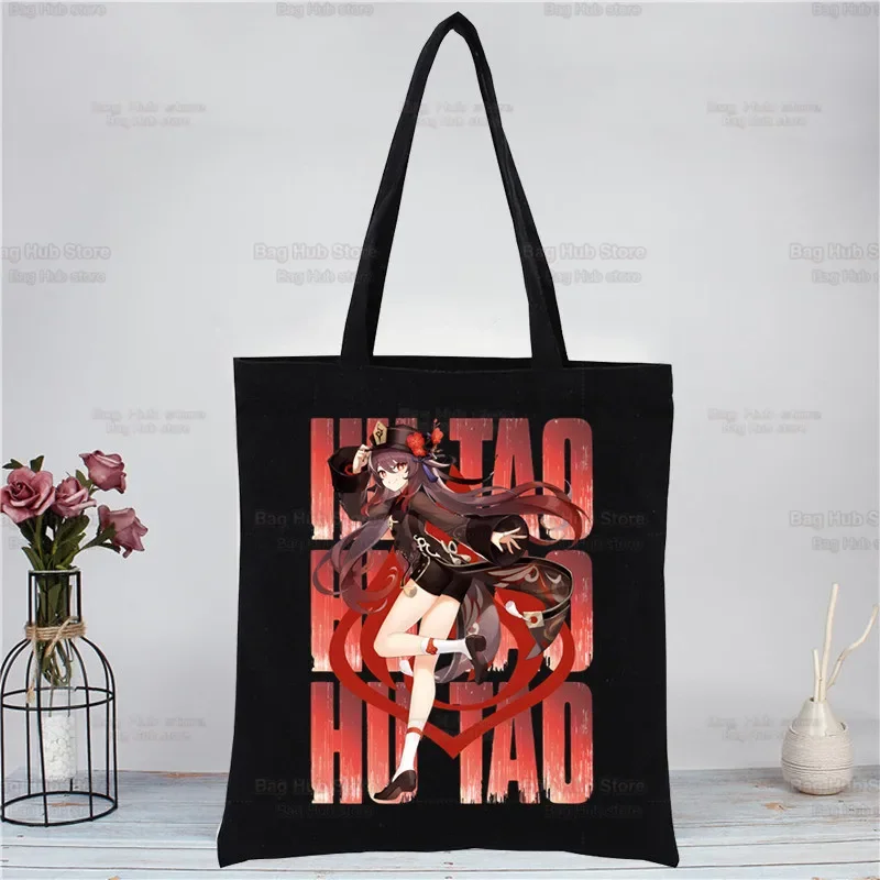 Genshin Impact HuTao Cartoon Kawaii Tote Bag Shopping Original Design Black Unisex Travel Canvas Bags Eco Foldable Shopper Bag