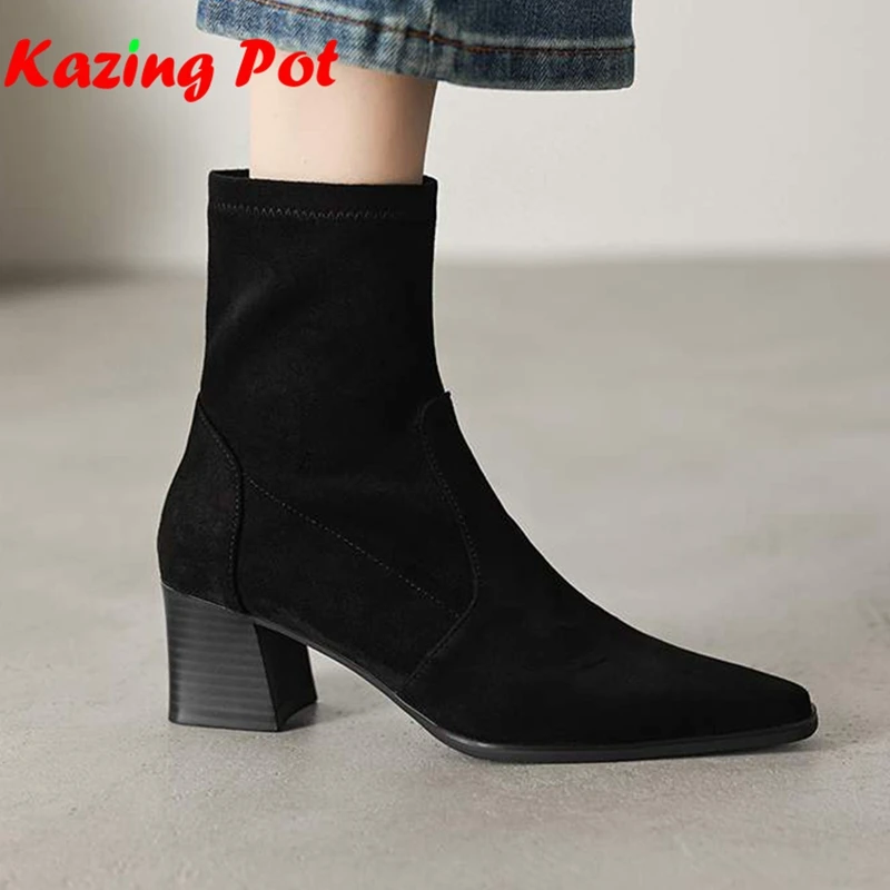 Krazing Pot Plus Size 42 Flock Round Toe Thick Heels Modern Chelsea Boots Warm Winter Shoes Brand Stretch Elastic Ankle Boots