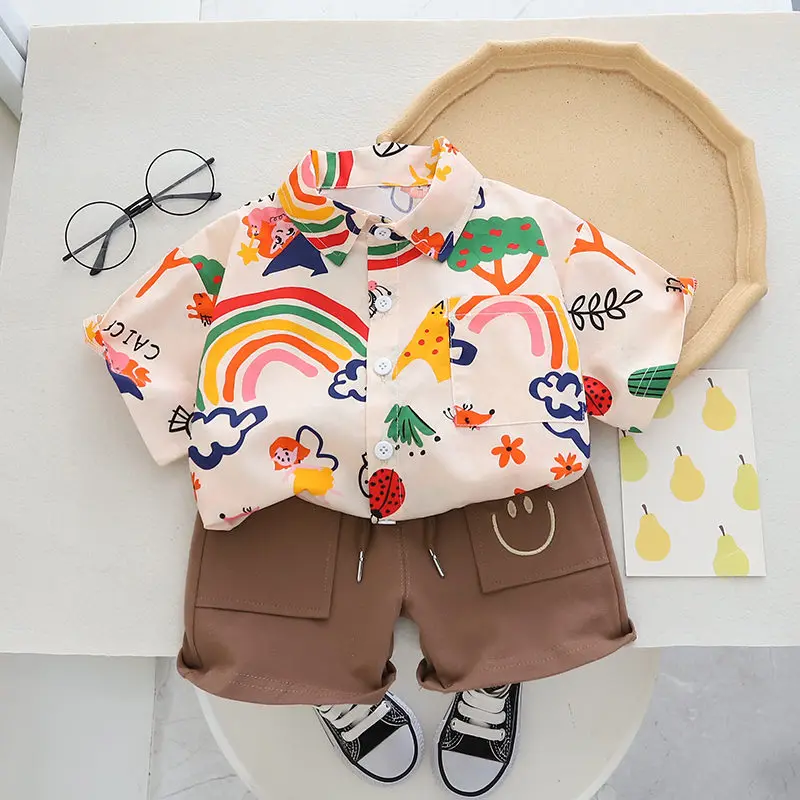 Kids Fashion Clothes Summer Kids Boys Girls Causal Printe Rainbow Shirt Shorts 2Pcs/Set Baby Toddler Clothing Infant 0-6 Years