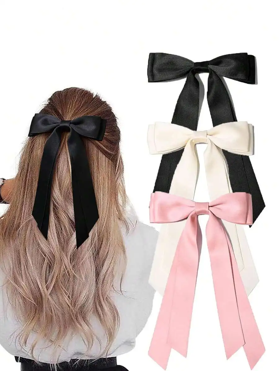 

4pcs Satin Bow Hair Clips for Women & Girls, Solid Color Ribbon Barrettes with Long Tails