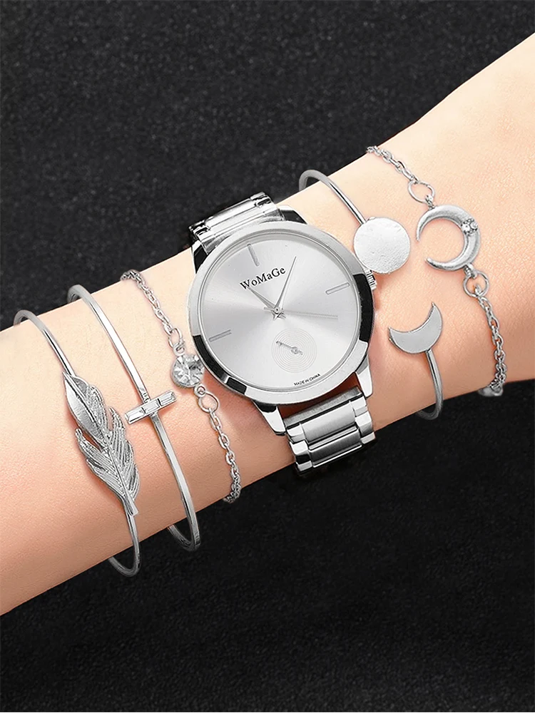 6pcs Women\'s Fashion Round Steel Band Quartz Watch+Bracelet Combination Set