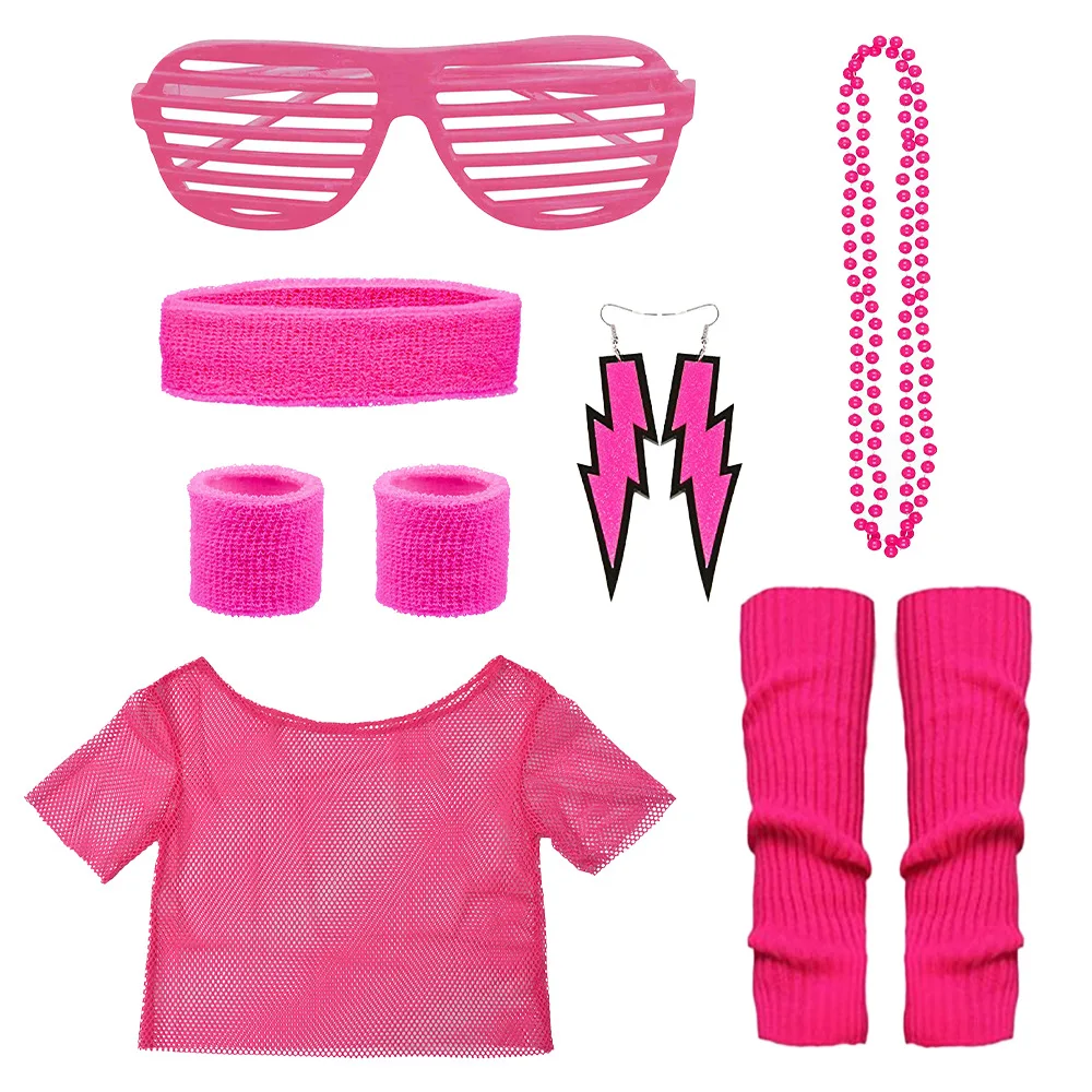 90er-Jahre-Outfit-Zubehör, 80er-Jahre-Cosplay-Kostüm-Zubehör-Set, typischer schulterfreier Netz-Hemd-Anzug für Bühnenauftritte