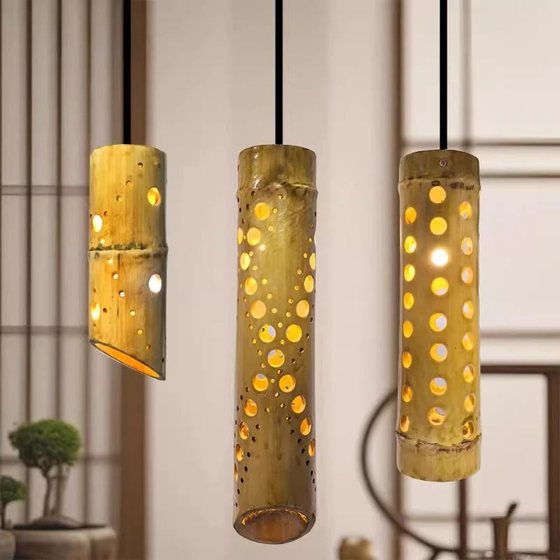 

Chinese bar counter small chandelier Danish restaurant creative bamboo tube personalized cylinder design art single head lamp
