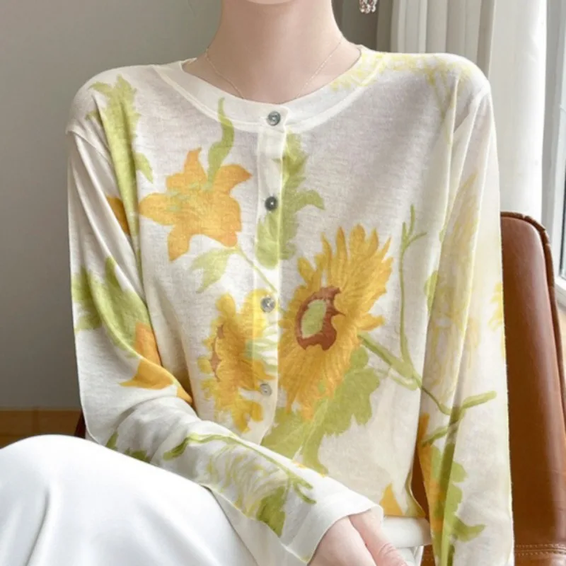 Autumn Women's Fine-Spun Ultra-Soft Wool Base Shirt Slightly Loose Cardigan Thin Jacket Printed Sun-Protective Shirt
