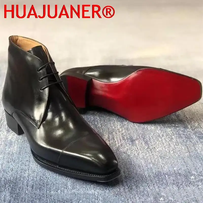 Red Sole Men Short Boots Brown Black Lace-up Square Toe Business Handmade Vintage Boots Free Shipping Men Ankle Boots view 2