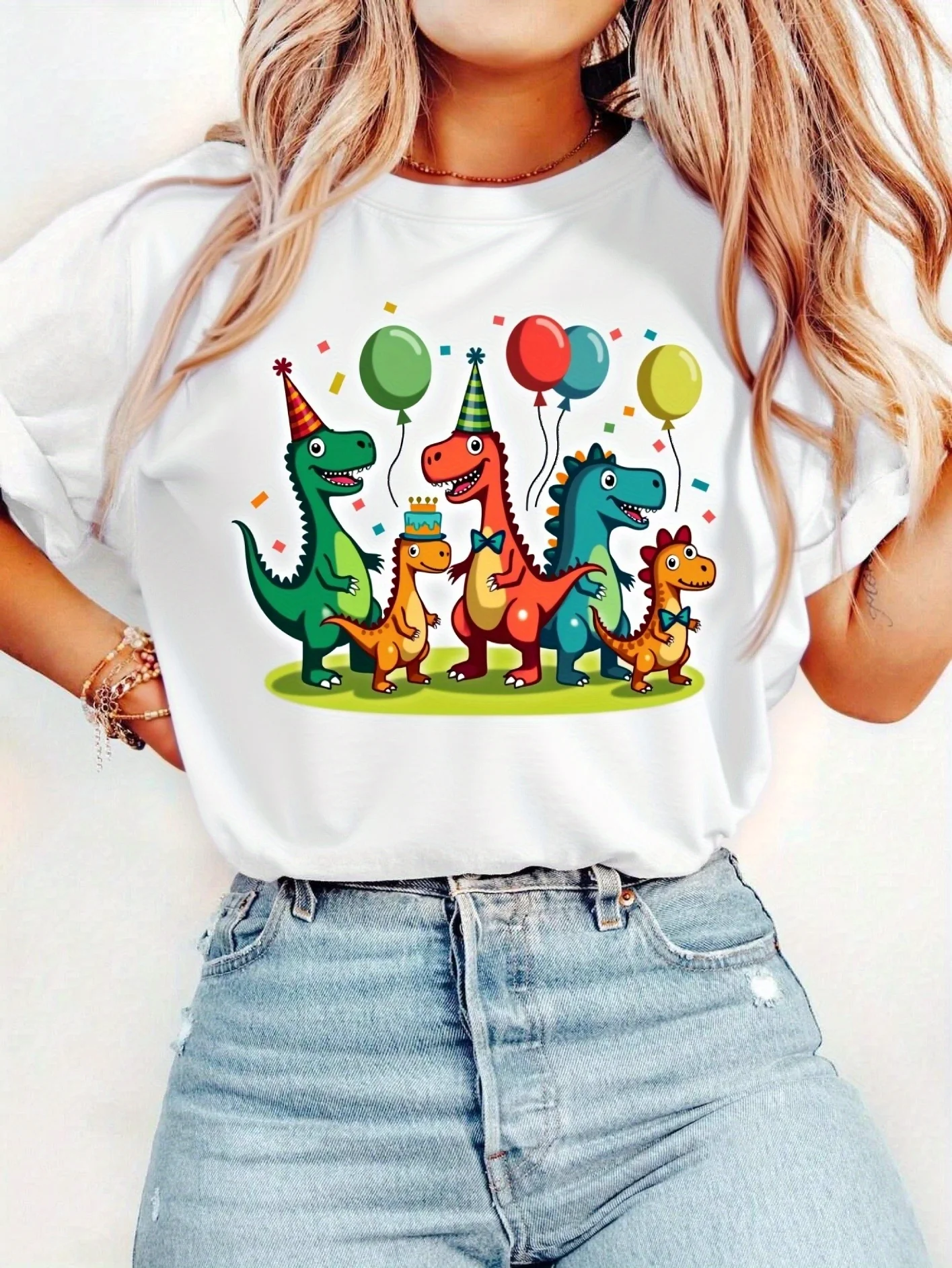 Women's Cartoon Dinosaur Parade Print T-Shirt, Casual Short Sleeve, Loose Fit, Comfortable, Round Neck, Polyester, Regular Fit