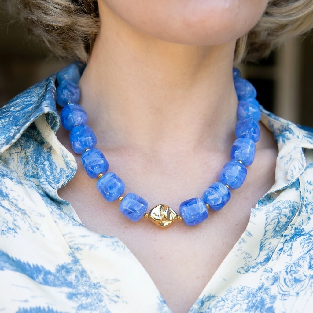 Böhmische Harz-Quadratperlen-Halsketten für Damen und Herren, Vintage Glatte Unregelmäßige Geometrie-Choker, Party-Schmuck-Geschenk – Detail 1