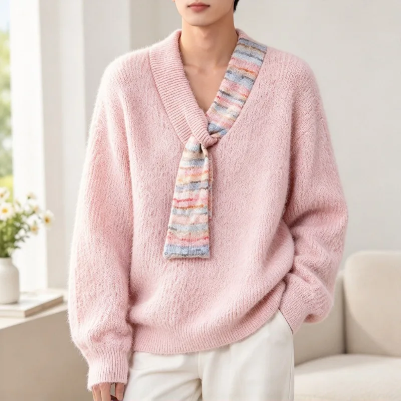 UETEEY Couple Matching Pink Gradient Knitted Sweater Sash V Neck Loose Fit Long Sleeve Thermal Casual Pullover Top For Men Women