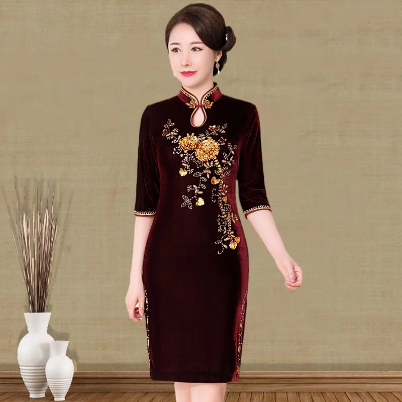 

Young Women's Velvet Evening Gown Wedding Dr Autumn Winter Sle ort Button Design Low Slit Chinese Sle Faion