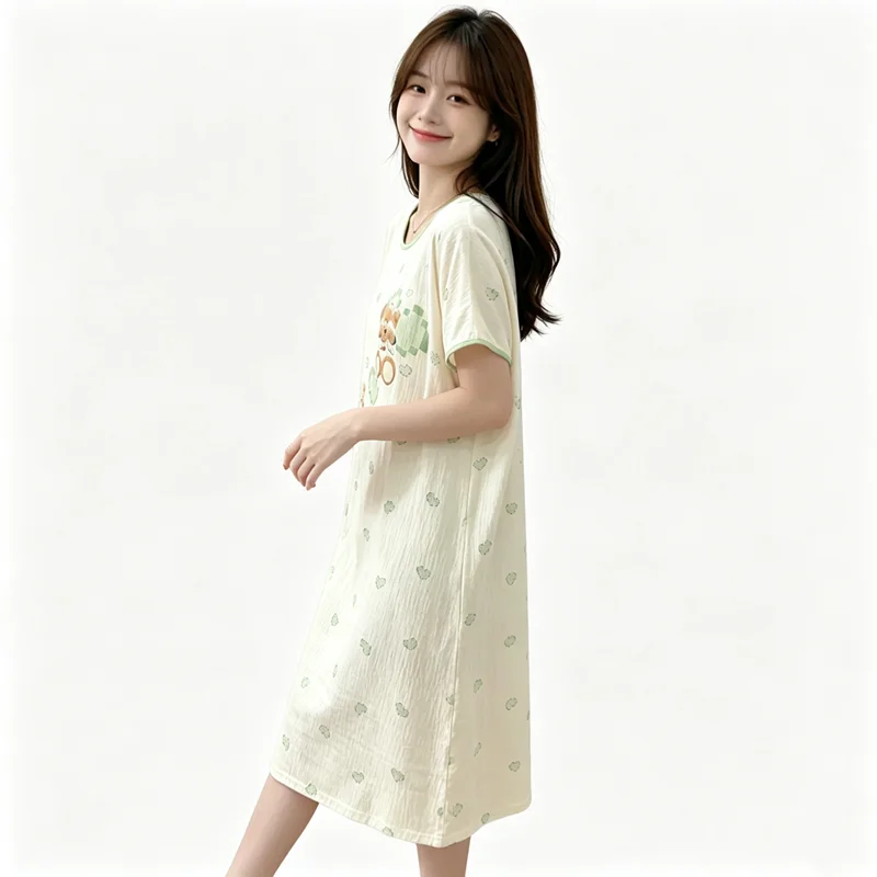 Generous Sleeping Dress Short Sleeve Nightgown Ladies Sleepwear Lounge Cartoon Print Pajamas night-robe bust 114 cm Length 95 cm