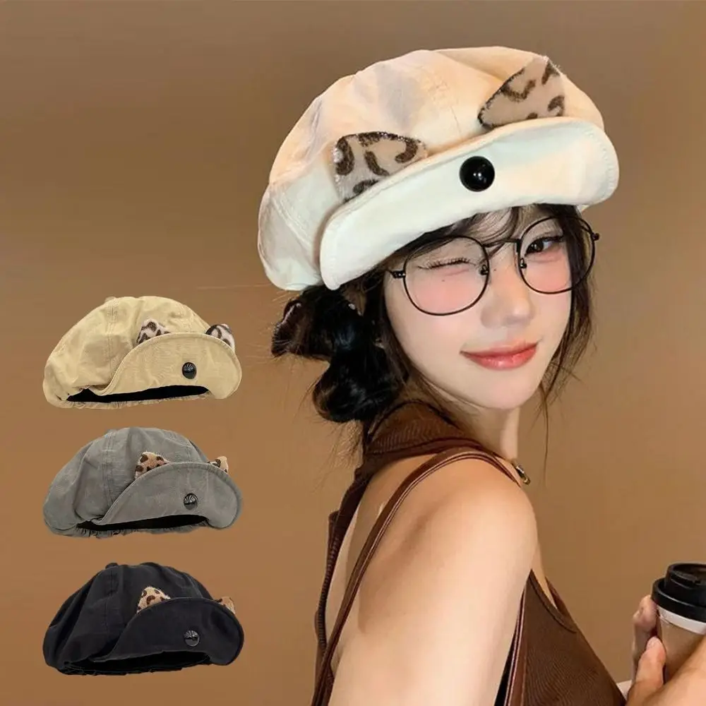 

Fashion Vintage Cat Ears Beret Y2k Flipped Brim Painter Berets Leopard Versatile Beanie Cap Girls