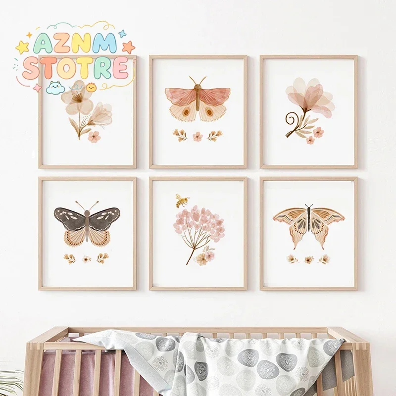 Watercolor Flowers and Butterflies Nursery Wall Art Posters and Prints Canvas Paintings Aesthetic Pictures Interior Room Deco