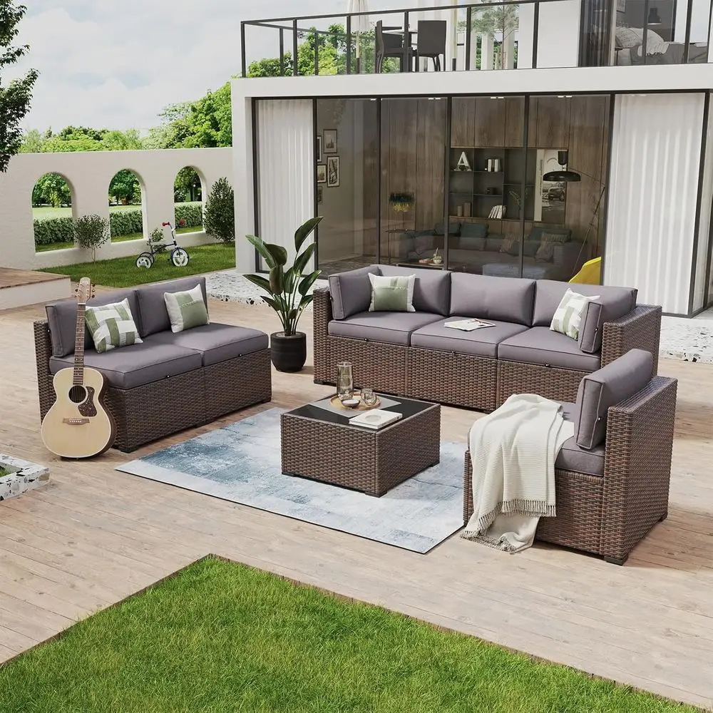 

7-Piece Outdoor Wicker Sectional Patio Furniture Set with Coffee Table and Cushions, Grey (Waterproof Cover)