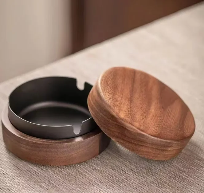 Walnut Wood Ashtray with Lid Windproof Design Indoor Outdoor Ash Tray with Stainless Steel Liner for Home
