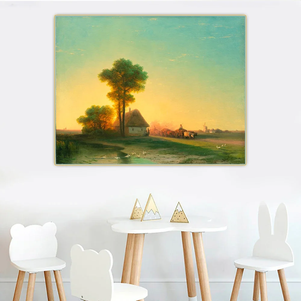 Ivan Aivazovsky《Windmills in the Ukrainian steppe at sunset》Canvas Oil Painting Art Picture Wall Hanging Decor Home Decoration