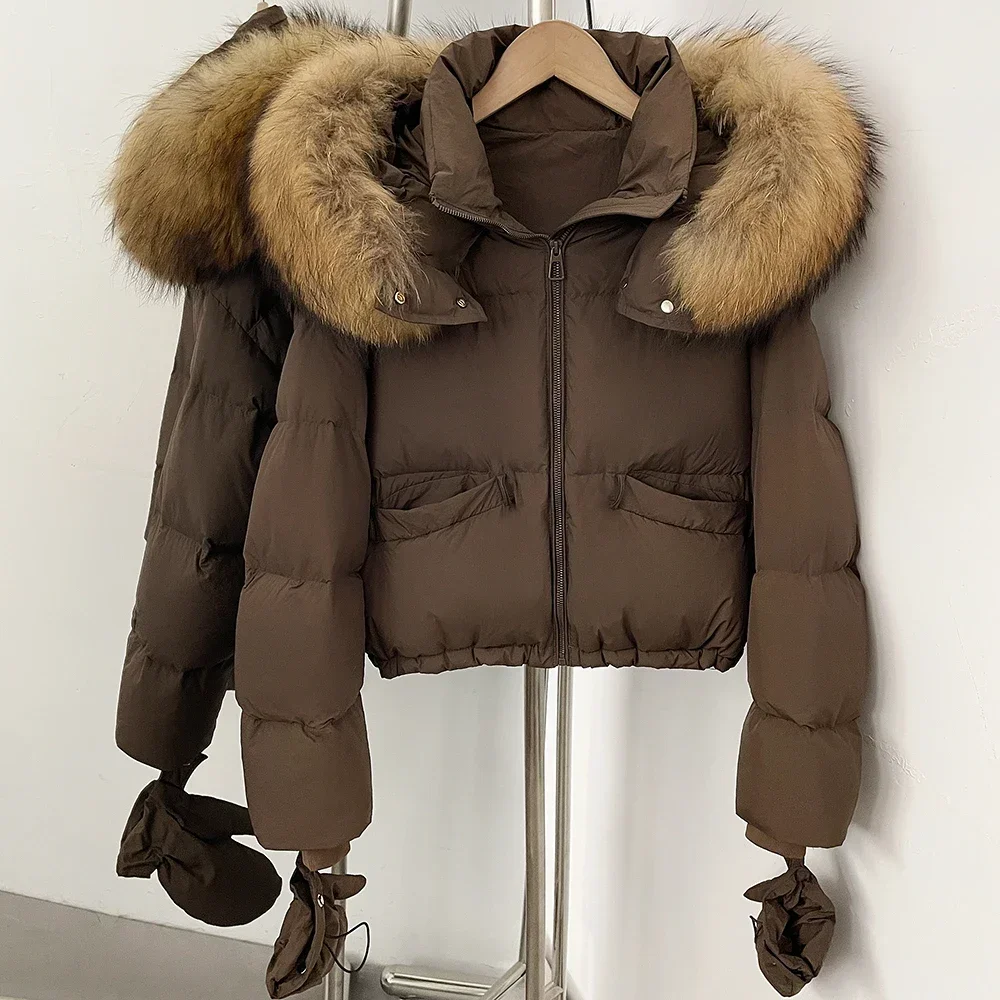 OFTBUY Neue Kapuzen-Daunenjacke, kurze Winterjacke mit echtem Fell, Pufferjacke mit abnehmbaren Handschuhen, Damen-Daunenjacke mit echtem Fuchsfell – Detail 10